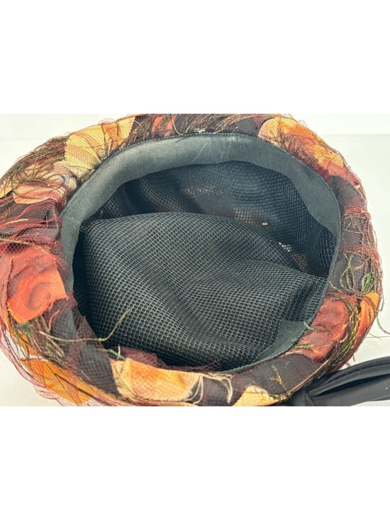 Vintage Hat 1950s Nest Style Netting Leaves Feathers Bow Fascinator Fall Colors main image 10
